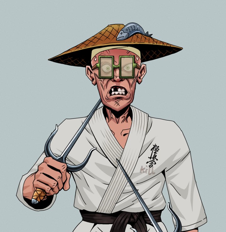 Angry Ikari — Degen Dojo NFT art (Shirtless Runt, Light Grey, Degens, Student Gi, Angry Ikari, Shoji Glasses, Wide Kasa Fisherman, Dual Sai, Mint)