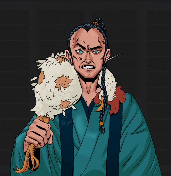 Akuma — Degen Dojo NFT art (Nails, Shoji Night, Degens, Dejen Apostate, Akuma, Shirtless Runt, Braided Samurai Ponytail, Chicken, Mint)