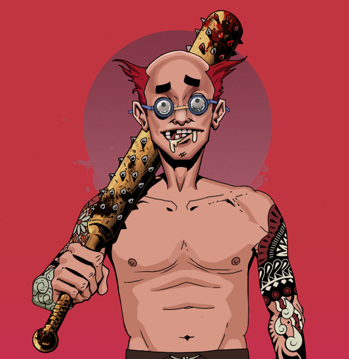 Drooling Azuma — Degen Dojo NFT art (Shirtless Runt, Red High Moon, Degens, Yakuza Tattoo Sleeves, Drooling Azuma, Spectacles, Red Heihachi, Yakuza Club, Mint)