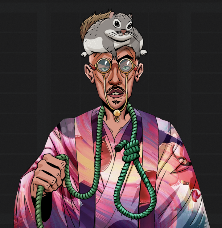Gloomy Masumi — Degen Dojo NFT art (Shirtless Runt, Shoji Night, Degens, Autumn Sakura Kimono, Gloomy Masumi, Pompous Glasses, Mr. Momonga Hat, Noose, Mint)