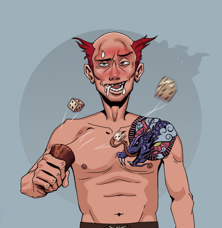Yuuki — Degen Dojo NFT art (Shirtless Runt, Grey Mist, Degens, Dragon Head Tattoo, Yuuki, Red Heihachi, Chō-Han Gambling Dice, Mint)