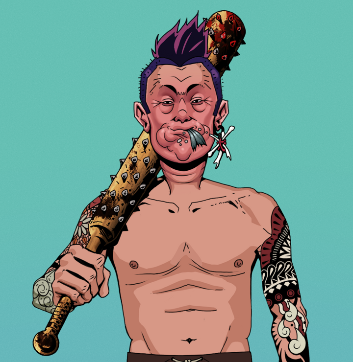 Fatty Bobsticks — Degen Dojo NFT art (Finger Bones, Teal Daytime, Degens, Yakuza Tattoo Sleeves, Fatty Bobsticks, Shirtless Runt, Yakuza Hooligan, Yakuza Club, Mint)