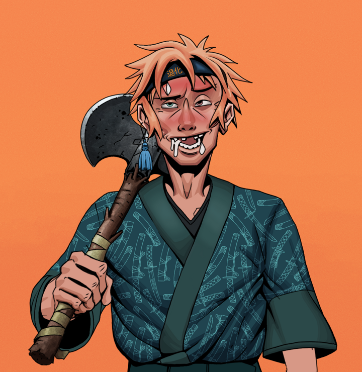 Yuuki — Degen Dojo NFT art (Tassel, Orange Afternoon, Degens, Katanajamas Kimono, Yuuki, Shirtless Runt, Tiger Headband Ruffian, Axe, Mint)