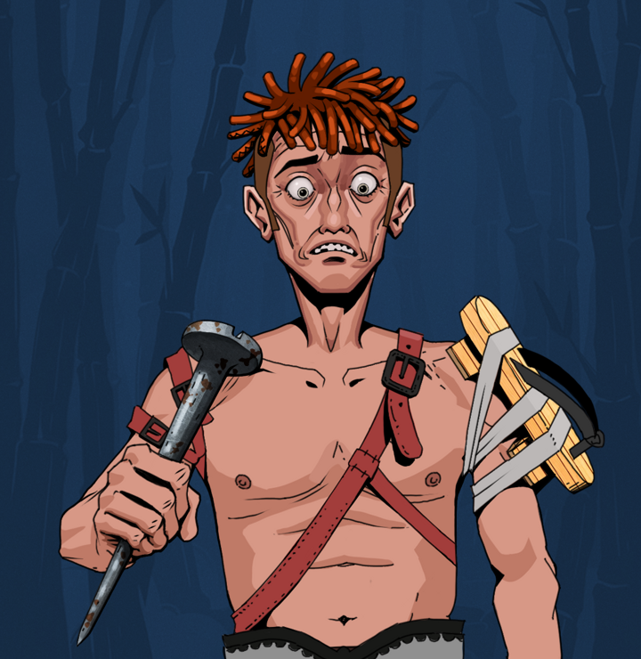 Shitless Botan — Degen Dojo NFT art (Shirtless Runt, Night Forest, Degens, Strap On Geta, Shitless Botan, Orange Bantu Knots, Rusty Nail, Mint)