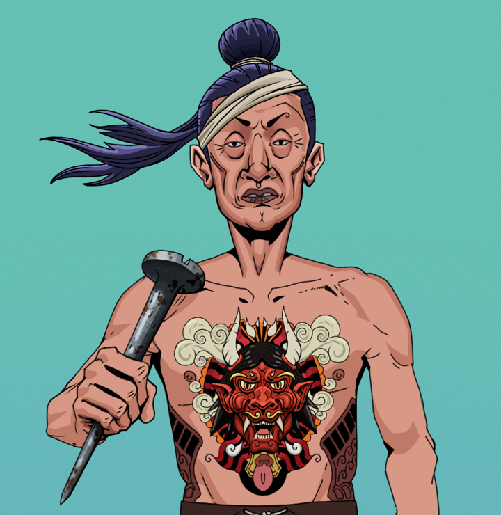 Goro — Degen Dojo NFT art (Shirtless Runt, Teal Daytime, Degens, Red Oni Tattoo, Goro, Long Flowing, Rusty Nail, Mint)