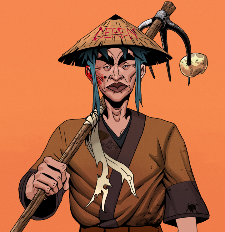 Young Yuji — Degen Dojo NFT art (Shirtless Runt, Orange Afternoon, Degens, Poop Pride Kimono, Young Yuji, Degen Graffiti Rice Hat, Farmers Hoe, Mint)