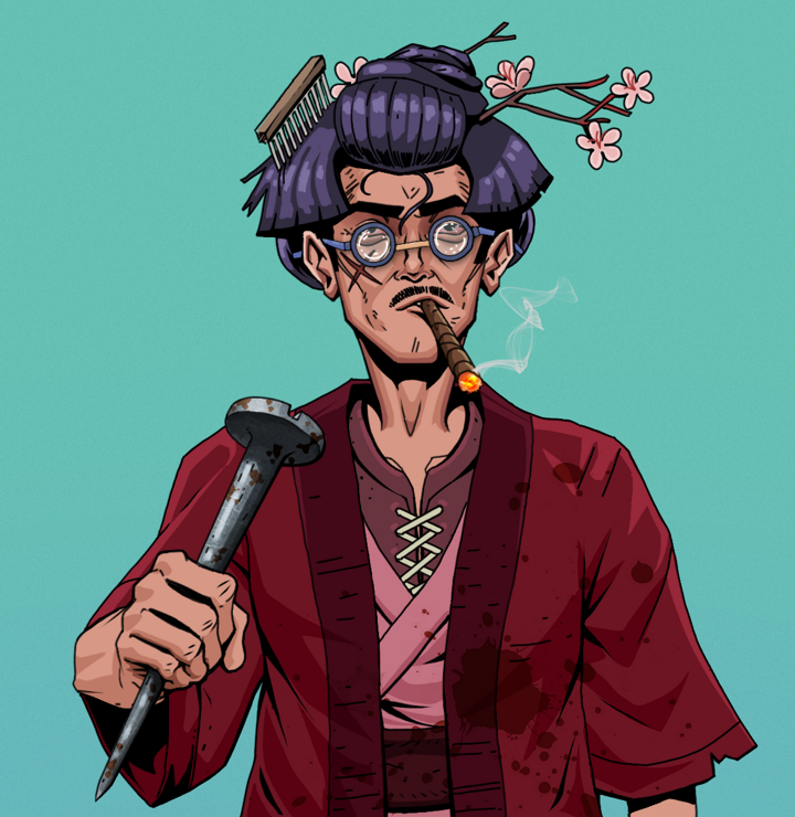 Raikou The Stoner — Degen Dojo NFT art (Shirtless Runt, Teal Daytime, Degens, Red Warrior Kimono, Raikou The Stoner, Spectacles, Disheveled Geisha, Rusty Nail, Mint)