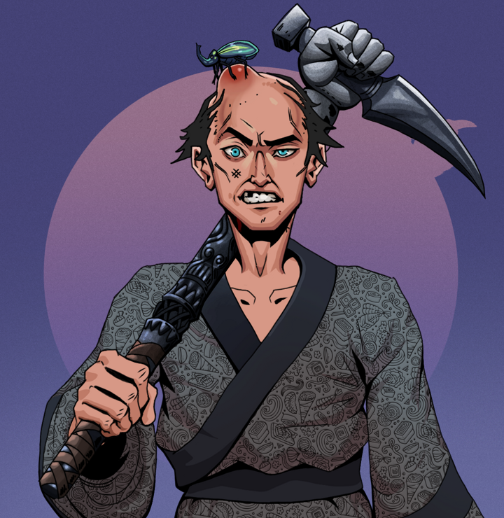 Akuma — Degen Dojo NFT art (Shirtless Runt, Purple Night, Degens, Sushi Love Loose Kimono, Akuma, Kung Fu Beetle, Stone Fist-Sickle, Mint)