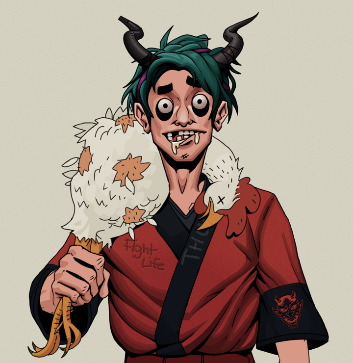 Drooling Azuma — Degen Dojo NFT art (Shirtless Runt, Warm Grey, Degens, Red Oni Kimono, Drooling Azuma, Black Oni Horns, Chicken, Mint)