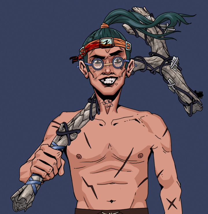 Junichiro — Degen Dojo NFT art (Shirtless Runt, Blue Evening, Degens, Battle Scars, Junichiro, Spectacles, Green Bandana, Large Branch, Mint)