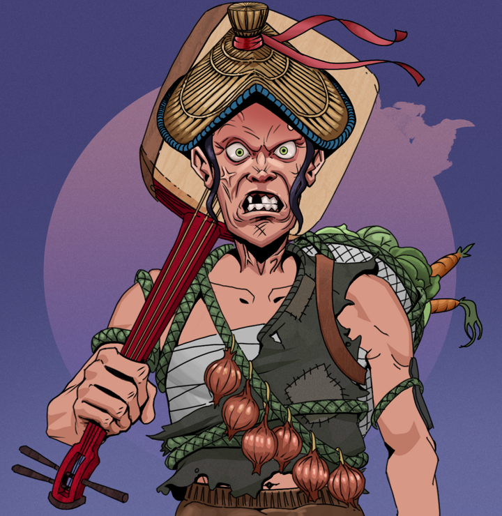 Angry Ikari — Degen Dojo NFT art (Shirtless Runt, Purple Night, Degens, Farmer, Angry Ikari, High Straw Rice Hat, Shamisen, Mint)
