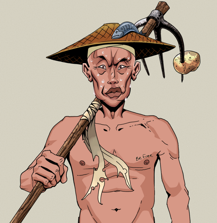 Stresshead Rin — Degen Dojo NFT art (Shirtless Runt, Warm Grey, Degens, Nudey Freak, Stresshead Rin, Wide Kasa Fisherman, Farmers Hoe, Mint)
