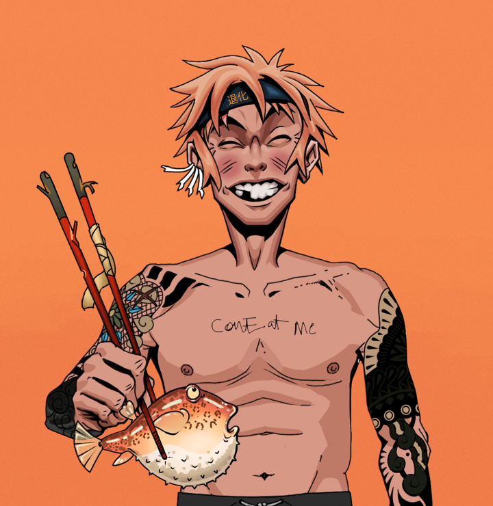Cheery Haru — Degen Dojo NFT art (Chicken Bones, Orange Afternoon, Degens, Black Yakuza Sleeves, Cheery Haru, Shirtless Runt, Tiger Headband Ruffian, Frightened Fugu, Mint)