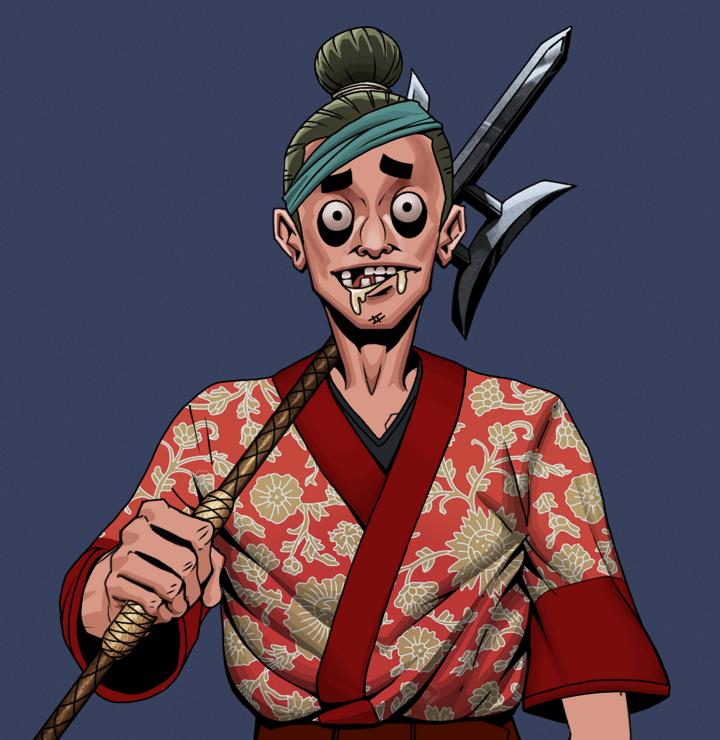 Drooling Azuma — Degen Dojo NFT art (Shirtless Runt, Blue Evening, Degens, Silken Sunflower Kimono, Drooling Azuma, Hair Bun, Bishamon Yari, Mint)