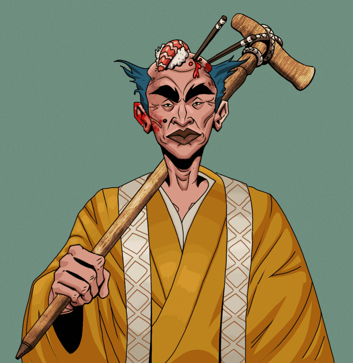 Young Yuji — Degen Dojo NFT art (Shirtless Runt, Olive Green, Degens, Ordained Dejen, Young Yuji, Sushi Fight, Wooden Walking Cane, Mint)