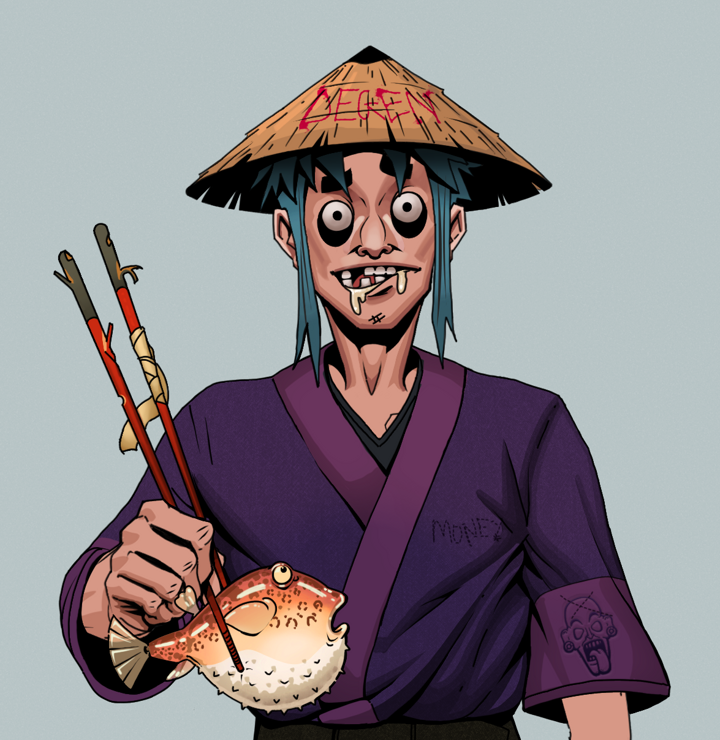 Drooling Azuma — Degen Dojo NFT art (Shirtless Runt, Light Grey, Degens, Money Kimono, Drooling Azuma, Degen Graffiti Rice Hat, Frightened Fugu, Mint)