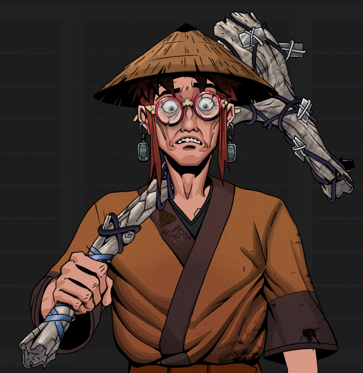 Shitless Botan — Degen Dojo NFT art (Iron Earrings, Shoji Night, Degens, Poop Pride Kimono, Shitless Botan, Broken Glasses, Rice Hat, Large Branch, Mint)
