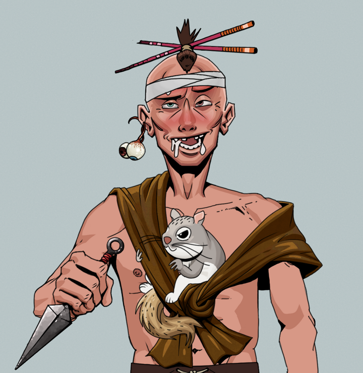 Yuuki — Degen Dojo NFT art (Shaman Eyes, Light Grey, Degens, Little Momonga Friend, Yuuki, Shirtless Runt, Hair Bun With Chopsticks, Kunai, Mint)