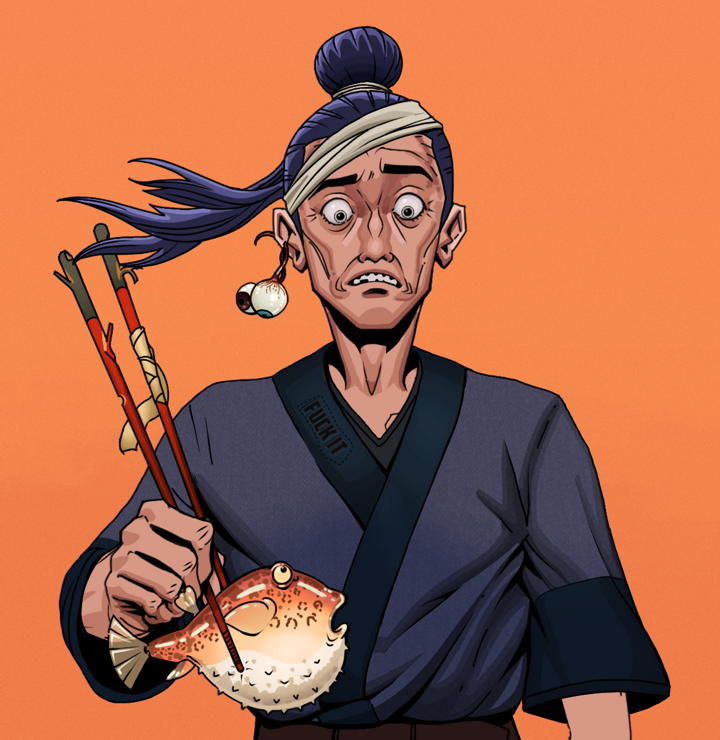 Shitless Botan — Degen Dojo NFT art (Shaman Eyes, Orange Afternoon, Degens, Fuck You Kimono, Shitless Botan, Shirtless Runt, Long Flowing, Frightened Fugu, Mint)