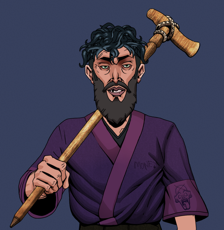 Serious Oleg — Degen Dojo NFT art (Shirtless Runt, Blue Evening, Degens, Money Kimono, Serious Oleg, Messy, Wooden Walking Cane, Mint)