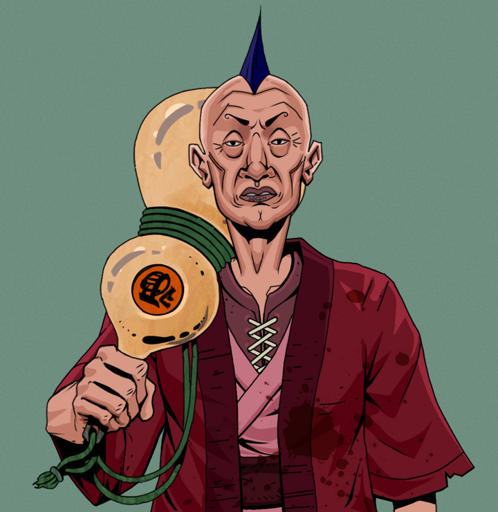 Goro — Degen Dojo NFT art (Shirtless Runt, Olive Green, Degens, Red Warrior Kimono, Goro, Mohawk Spike, Giant Sake Bottle, Mint)