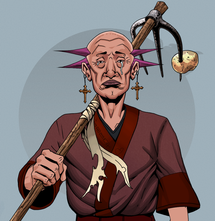 Teary Goro — Degen Dojo NFT art (Jesuit Crosses, Grey Mist, Degens, Proud Dejen Kimono, Teary Goro, Shirtless Runt, Dejen Mohawk, Farmers Hoe, Mint)