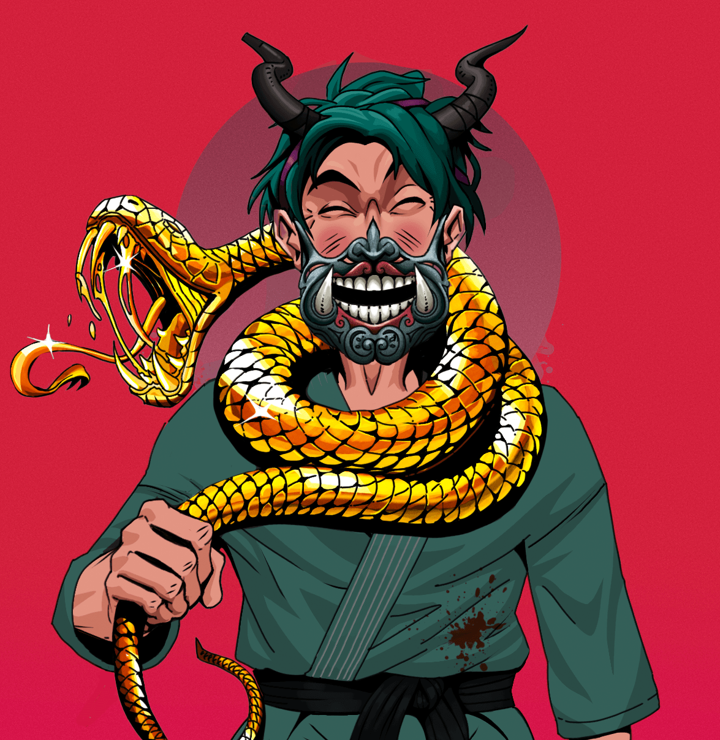 Cheery Haru — Degen Dojo NFT art (Shirtless Runt, Red High Moon, Degens, Fight Gi, Cheery Haru, Hannya Half Mask, Black Oni Horns, Golden Snake, Mint)