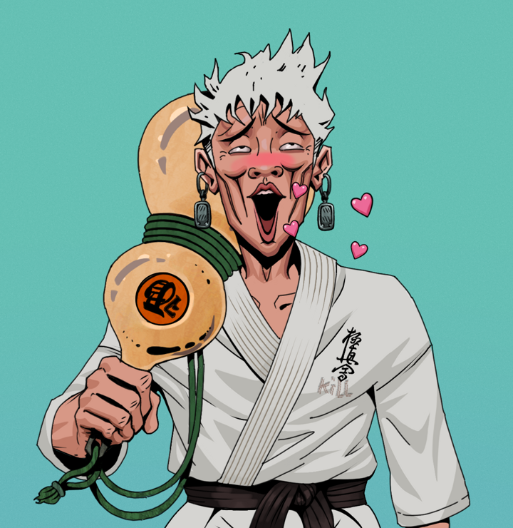 Lovey Haruto — Degen Dojo NFT art (Iron Earrings, Teal Daytime, Degens, Student Gi, Lovey Haruto, Shirtless Runt, Short Spiky Grey, Giant Sake Bottle, Mint)
