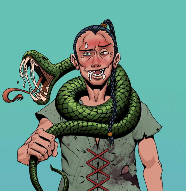 Yuuki — Degen Dojo NFT art (Shirtless Runt, Teal Daytime, Degens, Dirty Peasant Rags, Yuuki, Braided Samurai Ponytail, Enchanted Snake, Mint)