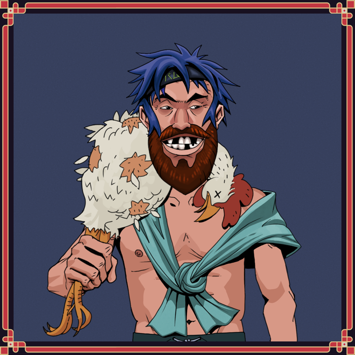 Igor The Bear — Degen Dojo NFT art (Shirtless Runt, Blue Evening, Igor The Bear, Queeny Chic, Degen, Bum Headband Ruffian, Destructive Knuckle Move, Chicken, Framed)