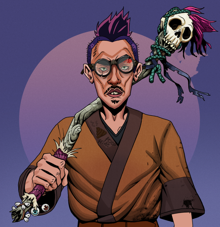 Gloomy Masumi — Degen Dojo NFT art (Shirtless Runt, Purple Night, Degens, Poop Pride Kimono, Gloomy Masumi, Bloodied Glasses, Yakuza Hooligan, Shaman Skull Staff, Mint)