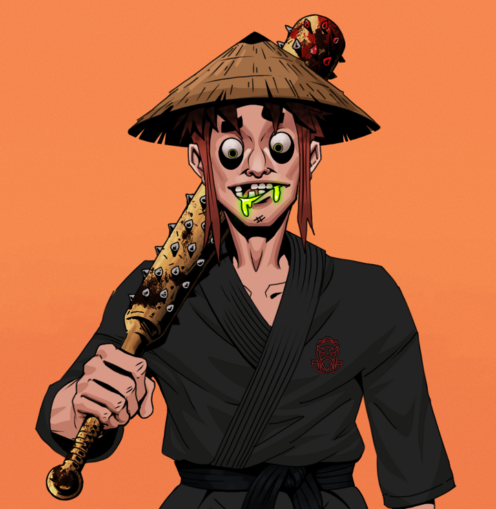 Toxic Azuma — Degen Dojo NFT art (Shirtless Runt, Orange Afternoon, Degens, Master Black Gi, Toxic Azuma, Rice Hat, Yakuza Club, Mint)