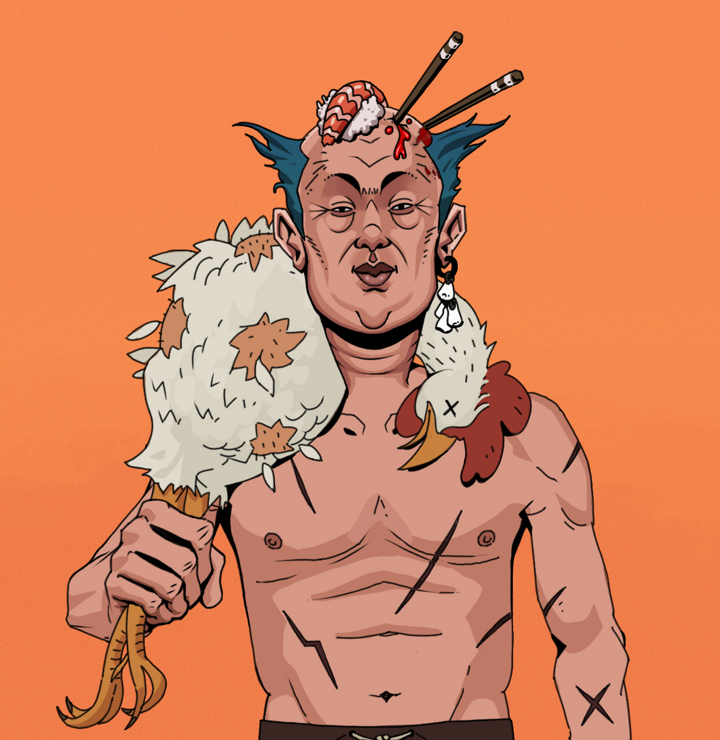 Fat Bob — Degen Dojo NFT art (Foes Teeth, Orange Afternoon, Degens, Battle Scars, Fat Bob, Shirtless Runt, Sushi Fight, Chicken, Mint)