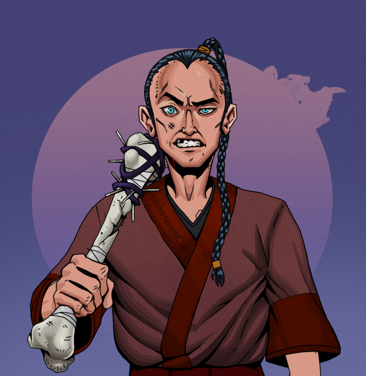 Akuma — Degen Dojo NFT art (Shirtless Runt, Purple Night, Degens, Proud Dejen Kimono, Akuma, Braided Samurai Ponytail, Spiky Femur, Mint)