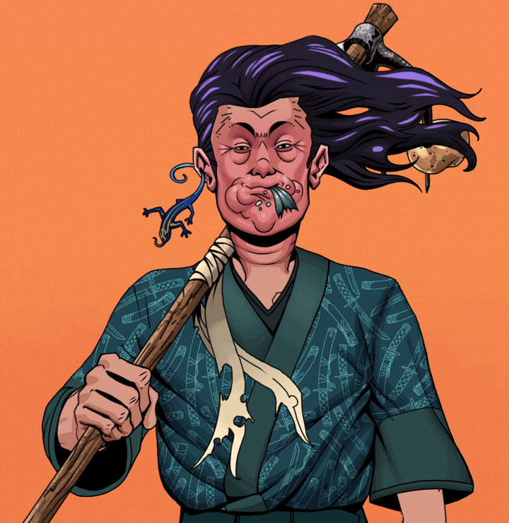 Fatty Bobsticks — Degen Dojo NFT art (Lizard, Orange Afternoon, Degens, Katanajamas Kimono, Fatty Bobsticks, Shirtless Runt, Flowing Battousai, Farmers Hoe, Mint)