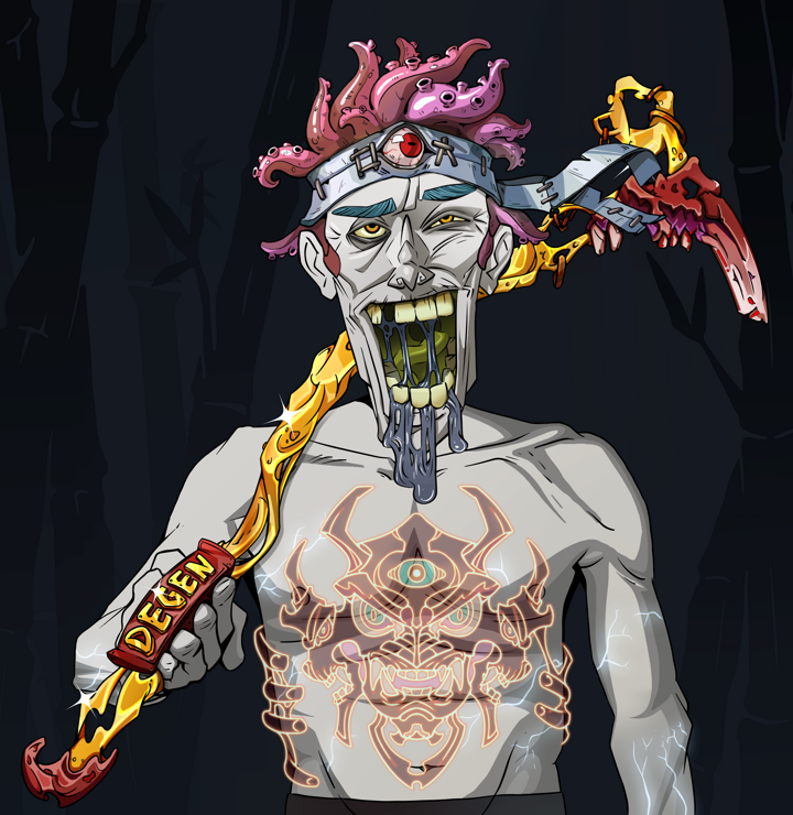 Yuuki — Degen Dojo NFT art (Shirtless Runt, Night Forest, Demons, Red Oni Tattoo, Yuuki, Karate Headband, Golden Walking Cane, Mint)