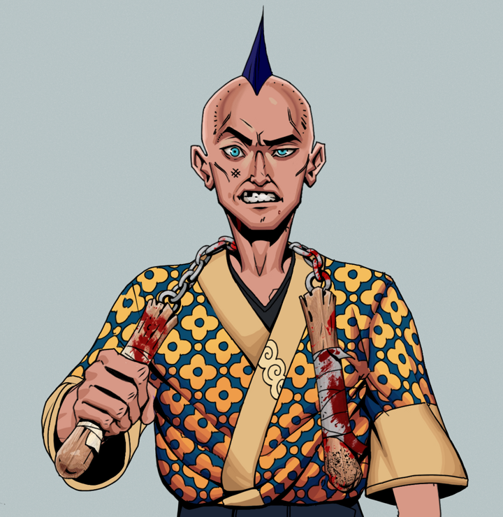Akuma — Degen Dojo NFT art (Shirtless Runt, Light Grey, Degens, Yellow Flowers Silk Kimono, Akuma, Mohawk Spike, Bloody Nunchucks, Mint)