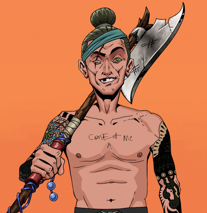 One-Eyed Itsuki — Degen Dojo NFT art (Shirtless Runt, Orange Afternoon, Degens, Black Yakuza Sleeves, One-Eyed Itsuki, Hair Bun, Broken Nagatina, Mint)