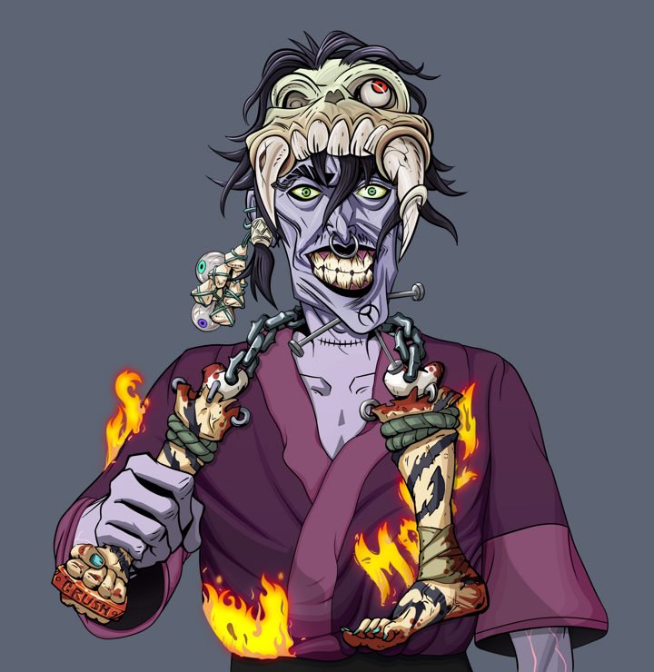 Junichiro Reborn — Degen Dojo NFT art (Foes Teeth, Shoji Night, Demons, Money Kimono, Junichiro Reborn, Shirtless Runt, Sabertooth Skull, Bloody Nunchucks, Mint)