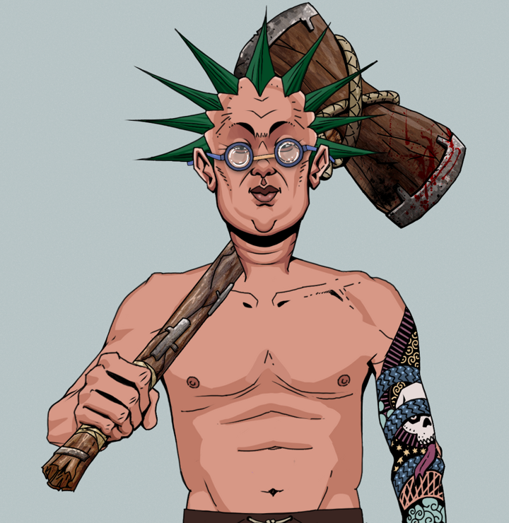 Fat Bob — Degen Dojo NFT art (Shirtless Runt, Light Grey, Degens, Skull Sleeve, Fat Bob, Spectacles, Zapachi, Wooden Warhammer, Mint)