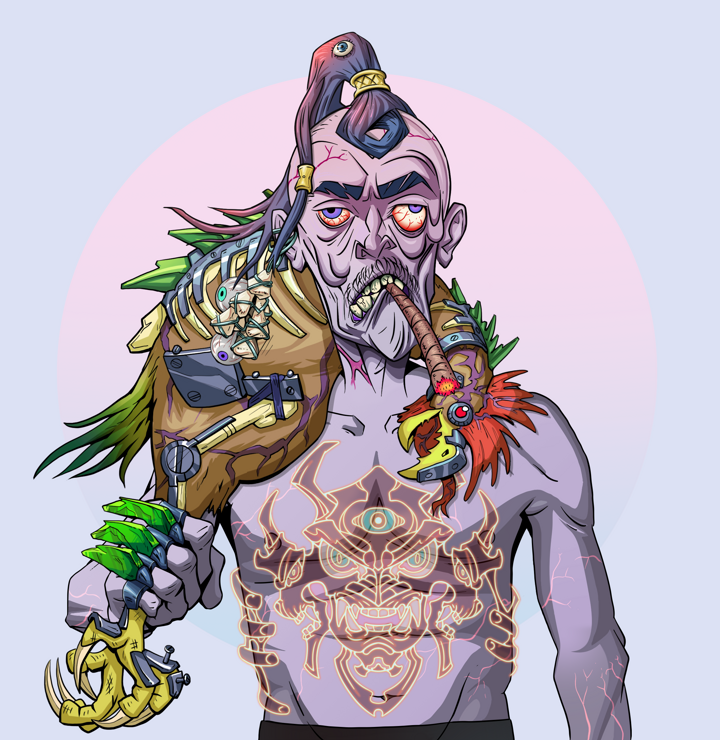 Raikou The Stoner — Degen Dojo NFT art (Foes Teeth, Purple Night, Demons, Red Oni Tattoo, Raikou The Stoner, Shirtless Runt, Dejen Samurai, Chicken, Mint)