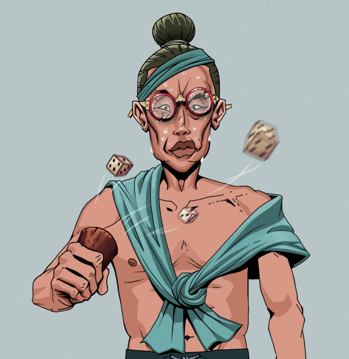 Stresshead Rin — Degen Dojo NFT art (Shirtless Runt, Light Grey, Degens, Queeny Chic, Stresshead Rin, Broken Glasses, Hair Bun, Chō-Han Gambling Dice, Mint)