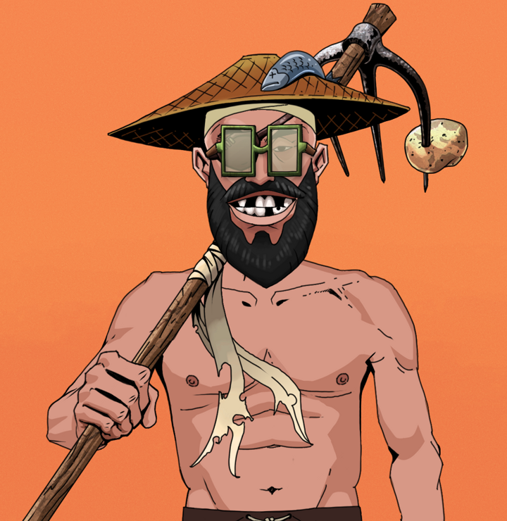 Igor The Veteran — Degen Dojo NFT art (Shirtless Runt, Orange Afternoon, Degens, Igor The Veteran, Shoji Glasses, Wide Kasa Fisherman, Farmers Hoe, Mint)