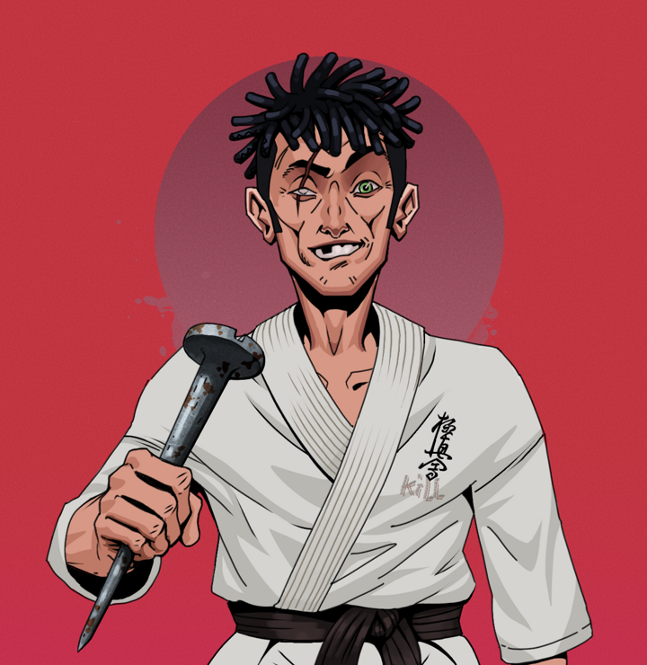 One-Eyed Itsuki — Degen Dojo NFT art (Shirtless Runt, Red High Moon, Degens, Student Gi, One-Eyed Itsuki, Black Bantu Knots, Rusty Nail, Mint)