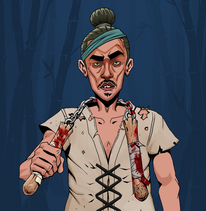 Gloomy Masumi — Degen Dojo NFT art (Shirtless Runt, Night Forest, Degens, Rice Sack Rags, Gloomy Masumi, Hair Bun, Bloody Nunchucks, Mint)