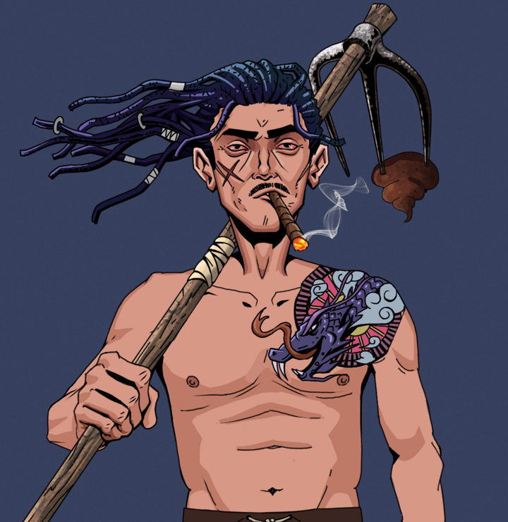Raikou The Stoner — Degen Dojo NFT art (Shirtless Runt, Blue Evening, Degens, Dragon Head Tattoo, Raikou The Stoner, Flowing Dreads, Poop Cleaner Hoe, Mint)