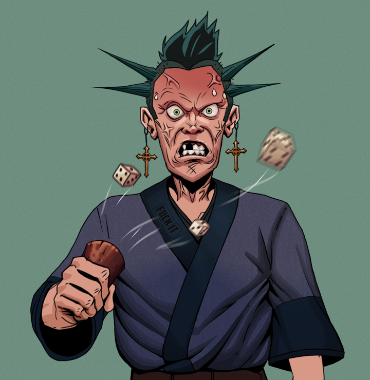 Angry Ikari — Degen Dojo NFT art (Jesuit Crosses, Olive Green, Degens, Fuck You Kimono, Angry Ikari, Shirtless Runt, Yakuza Ruffian, Chō-Han Gambling Dice, Mint)
