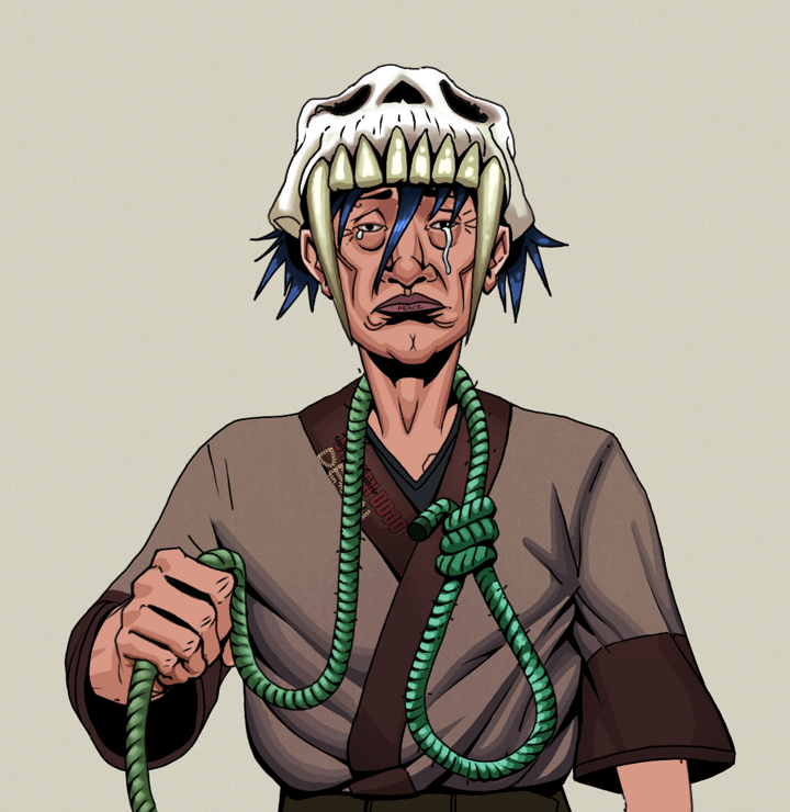 Teary Goro — Degen Dojo NFT art (Shirtless Runt, Warm Grey, Degens, Degen Dojo Kimono, Teary Goro, Sabertooth Skull, Noose, Mint)