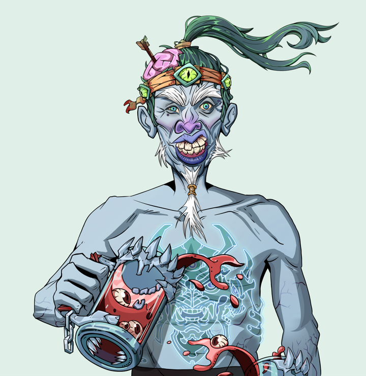 Yuji The Wise — Degen Dojo NFT art (Shirtless Runt, Teal Daytime, Demons, Blue Oni Tattoo, Yuji The Wise, Green Bandana, Beer Splash, Mint)