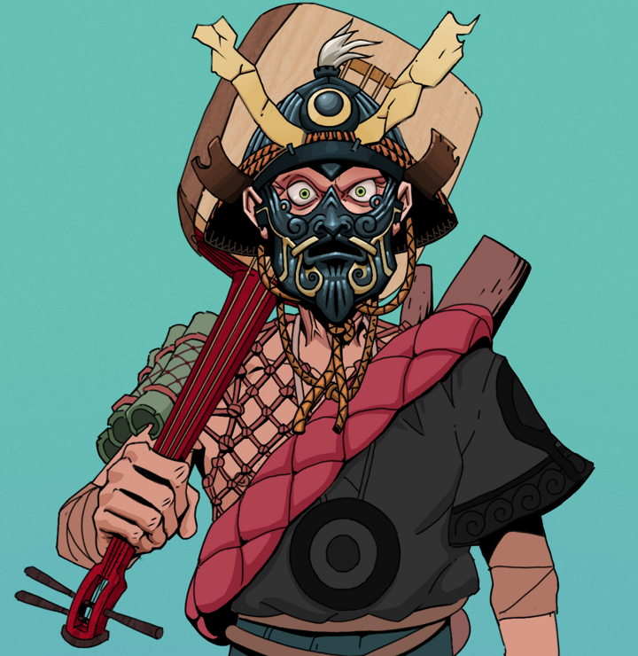 Angry Ikari — Degen Dojo NFT art (Shirtless Runt, Teal Daytime, Degens, Village Leader, Angry Ikari, Tatami Kabuto, Shamisen, Mint)